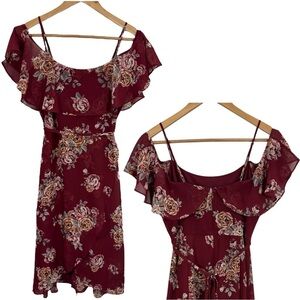 Le Chateau Burgundy Floral Off Shoulder Dress Sz S Ruffle Overlay Romantic Midi